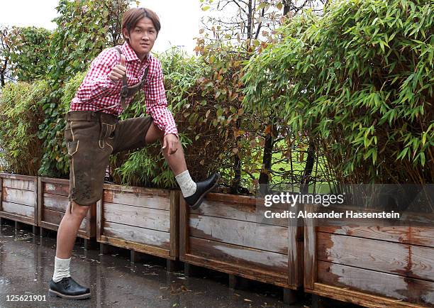 Takashi Usami of FC Bayern Muenchen poses after the Paulaner photocall at Bayern Muenchen's trainings ground Saebener Strasse on September 19, 2011...