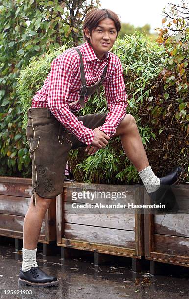 Takashi Usami of FC Bayern Muenchen poses after the Paulaner photocall at Bayern Muenchen`s trainings ground Saebener Strasse on September 19, 2011...