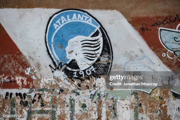 Club crest painted on a building facade outside the ground before during the Serie A match between Atalanta BC and Brescia Calcio at Gewiss Stadium...