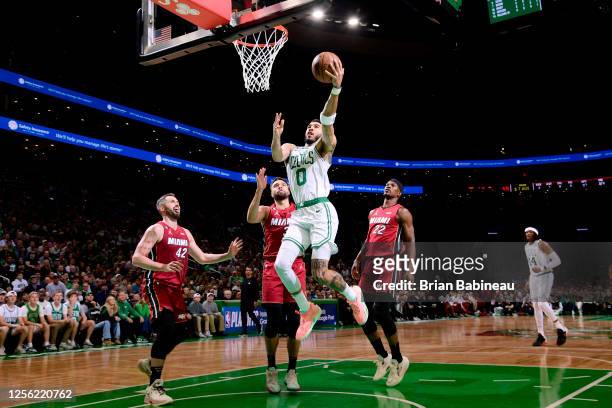 Jayson Tatum of the Boston Celtics drives to the basket during Game 2 of the 2023 NBA Playoffs Eastern Conference Finals against the Miami Heat on...