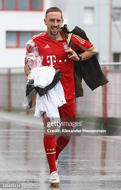 Franck Ribery of FC Bayern Muenchen walsk away afte the Paulaner photocall at Bayern Muenchen`s trainings ground Saebener Strasse on September 19,...