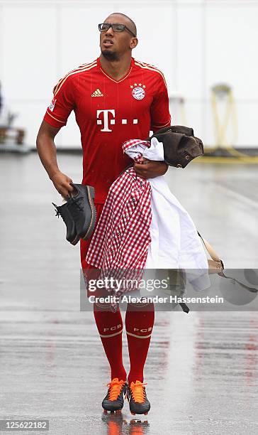 Jerome Boateng of FC Bayern Muenchen walks away after the Paulaner photocall at Bayern Muenchen`s trainings ground Saebener Strasse on September 19,...