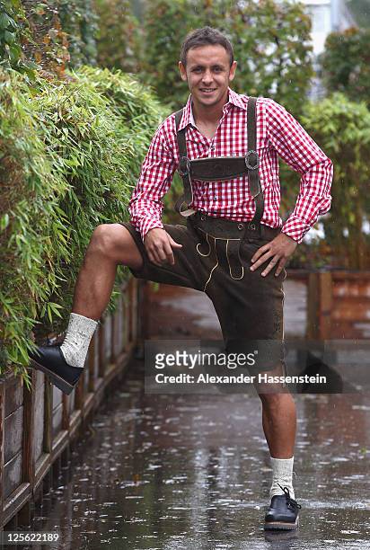 Rafinha of FC Bayern Muenchen poses after the Paulaner photocall at Bayern Muenchen`s trainings ground Saebener Strasse on September 19, 2011 in...