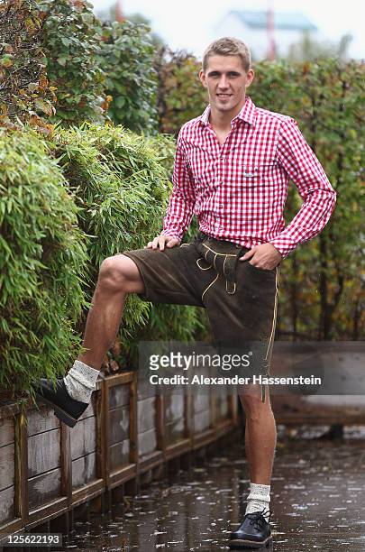 Nils Petersen of FC Bayern Muenchen poses after the Paulaner photocall at Bayern Muenchen`s trainings ground Saebener Strasse on September 19, 2011...