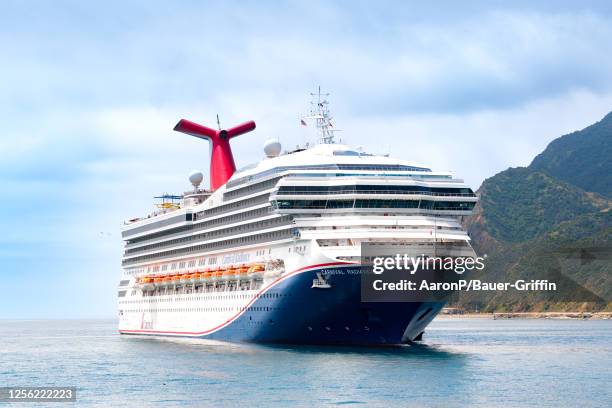 General views of the Carnival Radiance cruise ship at Avalon harbor on May 19, 2023 in Avalon, California.