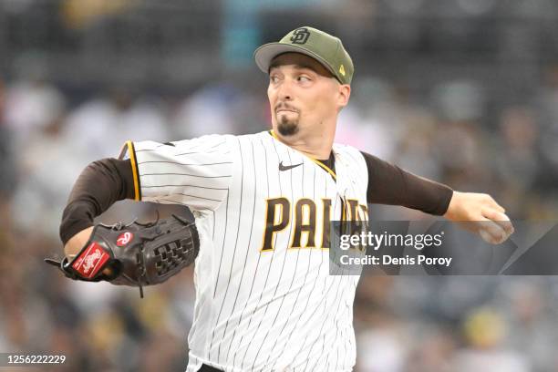 Blake Snell of the San Diego Padres pitches during the first inning of a baseball game against the Boston Red Sox at Petco Park on May 19, 2023 in...