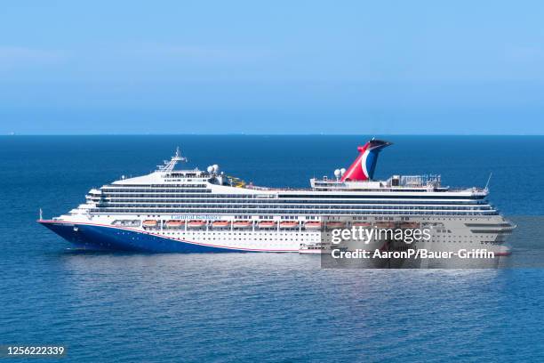 General views of the Carnival Radiance cruise ship at Avalon harbor on May 19, 2023 in Avalon, California.