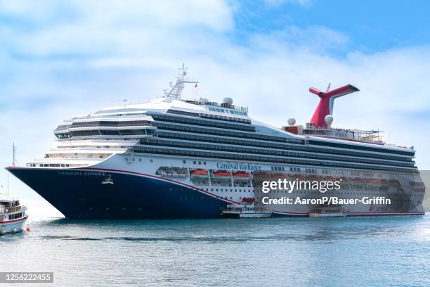 General views of the Carnival Radiance cruise ship at Avalon harbor on May 19, 2023 in Avalon, California.