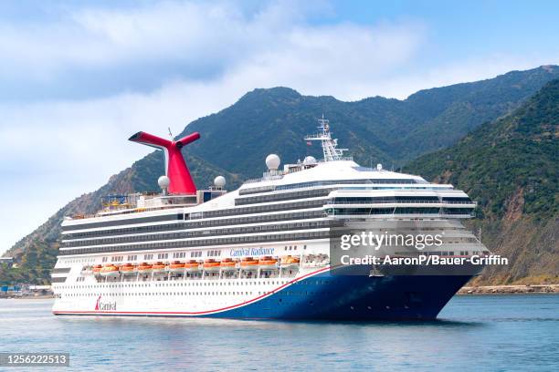 General views of the Carnival Radiance cruise ship at Avalon harbor on May 19, 2023 in Avalon, California.