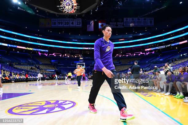 Brittney Griner of the Phoenix Mercury walks off the court prior to the game against the Los Angeles Sparks on May 19, 2023 at Crypto.Com Arena in...