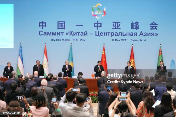 Chinese President Xi Jinping and other leaders participating in the China-Central Asia Summit attend a signing ceremony in Xian in the Chinese...