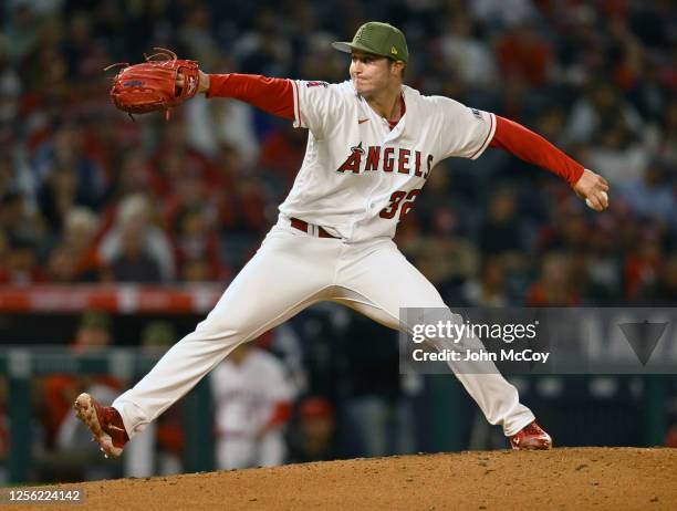 Tucker Davidson of the Los Angeles Angels pitches against the Minnesota Twins in the seventh inning at Angel Stadium of Anaheim on May 19, 2023 in...