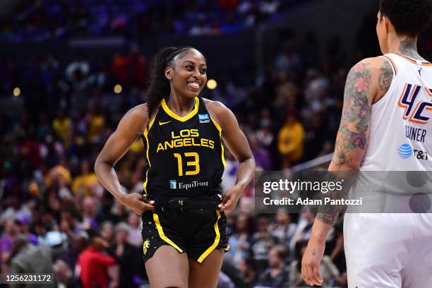 Chiney Ogwumike of the Los Angeles Sparks smiles during the game against the Phoenix Mercury on May 19, 2023 at Crypto.Com Arena in Los Angeles,...