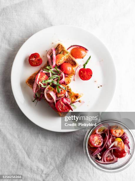 bruschetta with tomatoes, sandwich, tapas, crostini, - cherry tomato stock pictures, royalty-free photos & images