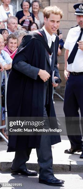 Prince William attends his graduation ceremony at the University of St. Andrews on June 23, 2005 in St Andrews, Scotland. Prince William graduated...