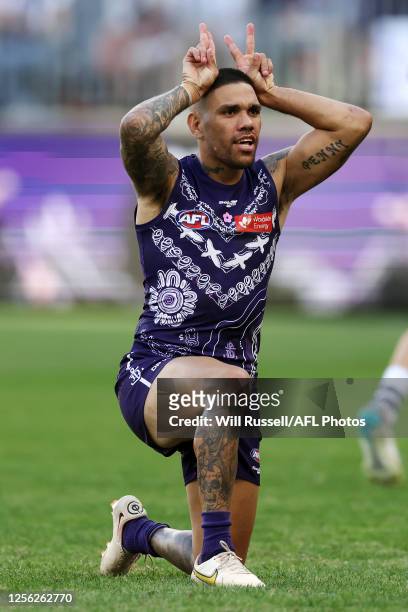 Michael Walters of the Dockers celebrates after scoring a goal during the 2023 AFL Round 10 match between Walyalup/Fremantle Dockers and the Geelong...