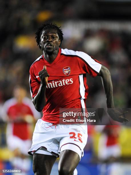 Emmanuel Adebayor of Arsenal in action during the UEFA Champions League quarter final first leg match between Villarreal and Arsenal at the La...