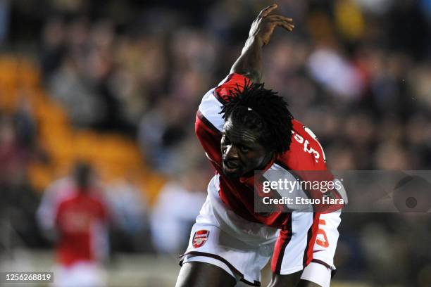 Emmanuel Adebayor of Arsenal in action during the UEFA Champions League quarter final first leg match between Villarreal and Arsenal at the La...