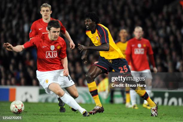 Emmanuel Adebayor of Arsenal in action during the UEFA Champions League semi final first leg match between Manchester United and Arsenal at Old...