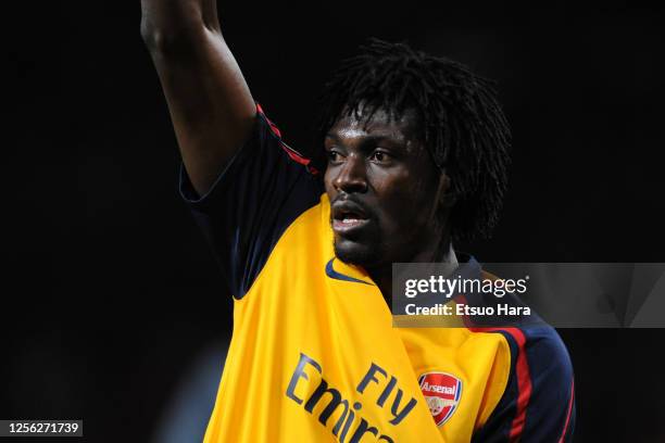 Emmanuel Adebayor of Arsenal in action during the UEFA Champions League semi final first leg match between Manchester United and Arsenal at Old...