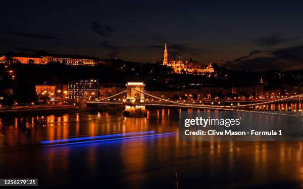 The view across the Danube River towards Buda, Matthias Church and the Szechenyi Chain Bridge ahead of this weekends F1 Grand Prix of Hungary at...