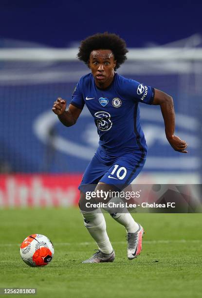 Willian of Chelsea in action during the Premier League match between Chelsea FC and Norwich City at Stamford Bridge on July 14, 2020 in London,...