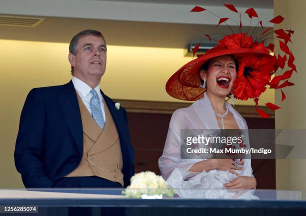 Prince Andrew, Duke of York and Goga Ashkenazi watch the racing from the Royal Box as they attend day 3 of Royal Ascot at Ascot Racecourse on June...