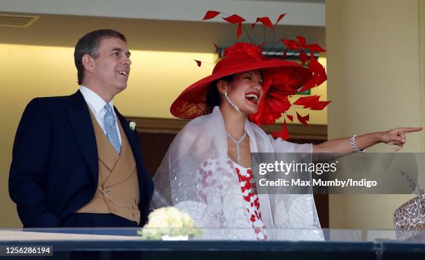 Prince Andrew, Duke of York and Goga Ashkenazi watch the racing from the Royal Box as they attend day 3 of Royal Ascot at Ascot Racecourse on June...