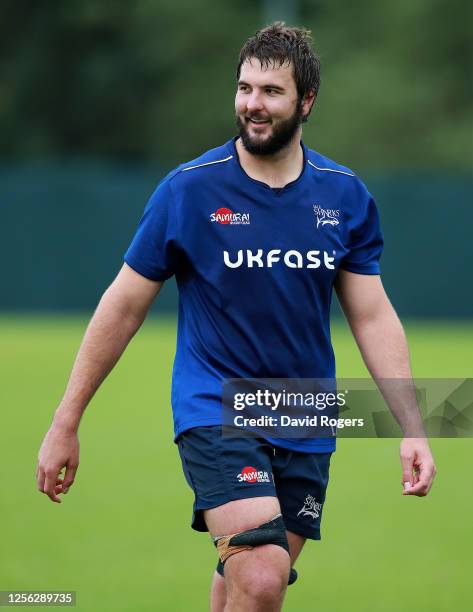 Lood de Jager of Sale Sharks looks on during a training session held at Carrington Training Ground on July 14, 2020 in Manchester, England.