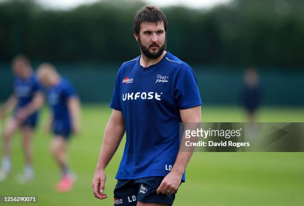 Lood de Jager of Sale Sharks looks on during a training session held at Carrington Training Ground on July 14, 2020 in Manchester, England.
