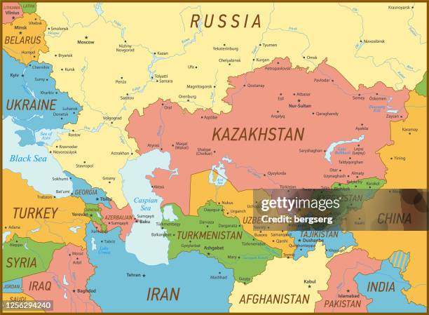 caucasus and central asia vector map. vintage illustration with sea, lakes, rivers and geographical borders - caspian sea city stock illustrations