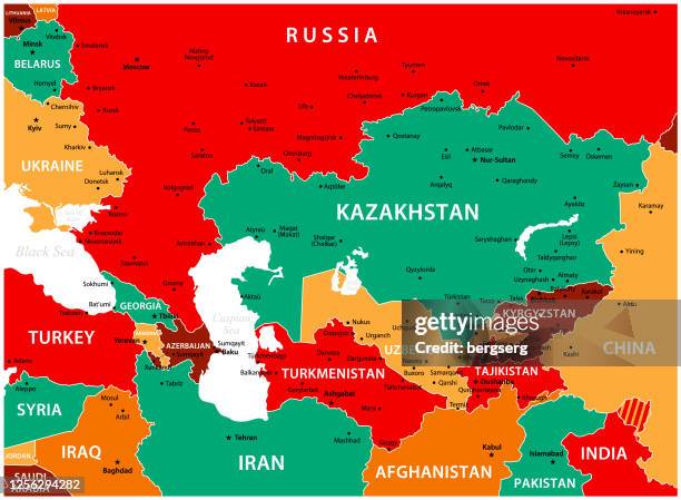 caucasus and central asia map. vector illustration with kazakhstan, uzbekistan, georgia, turkey and russia geographical borders - map of armenia stock illustrations