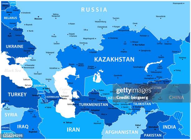 caucasus and central asia map. vector blue illustration with kazakhstan, uzbekistan, georgia, turkey and russia geographical borders - caspian sea city stock illustrations
