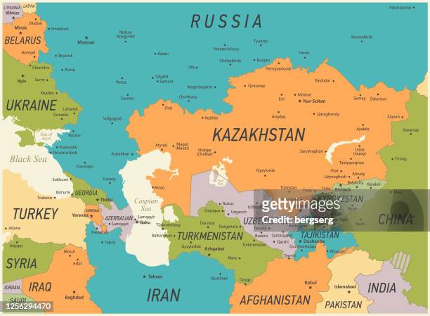 bildbanksillustrationer, clip art samt tecknat material och ikoner med kaukasus och centralasien karta. vektorillustration med kazakstan, georgien, turkiet och ryssland geografiska gränser - kazakhstan