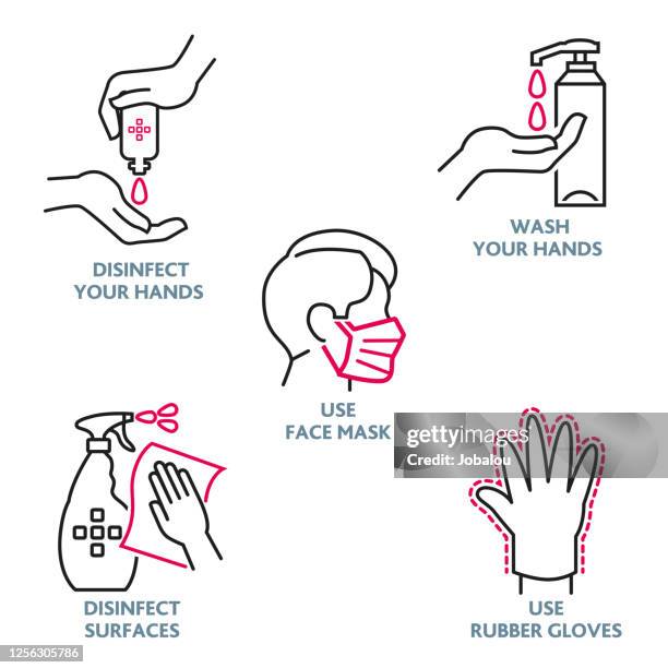 ilustraciones, imágenes clip art, dibujos animados e iconos de stock de símbolos de esquema covid 19 prevención - nebulizador