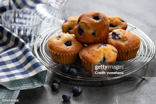 eigengemaakte vanillemuffins met bosbessen op een donkere concrete achtergrond - blueberry stockfoto's en -beelden