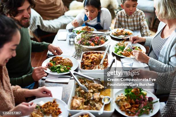 extended family having meal together - old person kitchen food stock-fotos und bilder