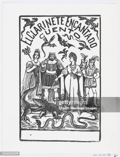 Sorceress pointing her wand at a crocodile while royal figures watch, illustration for 'El Clarinete Encantado', circa 1880-1910. Artist José...