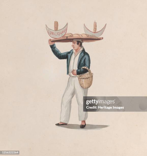 Tortilla vendor balancing a tray on his head, from a group of drawings depicting Peruvian costume, circa 1848. Attributed to Francisco Fierro.