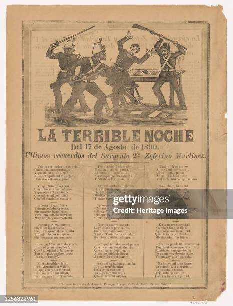 Broadsheet relating to the terrible events of 17 August 1890 when a a government official was murdered after drinking, a corrido in the bottom...