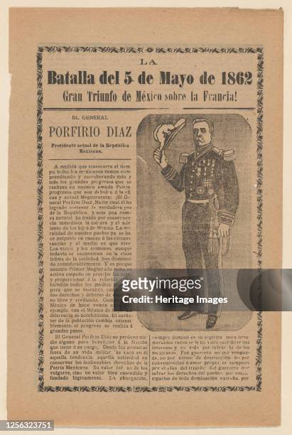 Broadside relating to a news story about the Mexican victory over the French army on May 5 General Porfirio Diaz in military regalia holding a hat,...