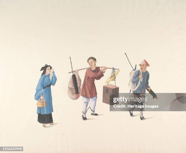 Chinese Woman, Man with Legs Chained and Another Carrying Parasol and Bundle, 19th century. Artist Anon.