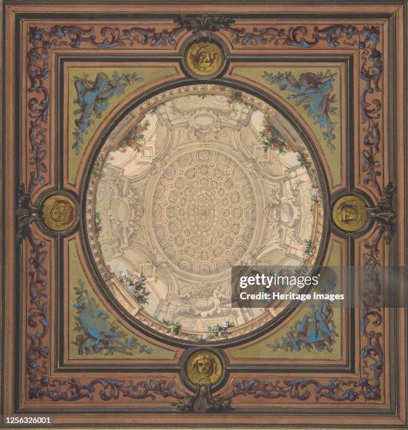 Design for the decoration of a ceiling with a trompe l'oeil painting of a coffered dome, 1830-97. Artist Jules-Edmond-Charles Lachaise, Eugène-Pierre...