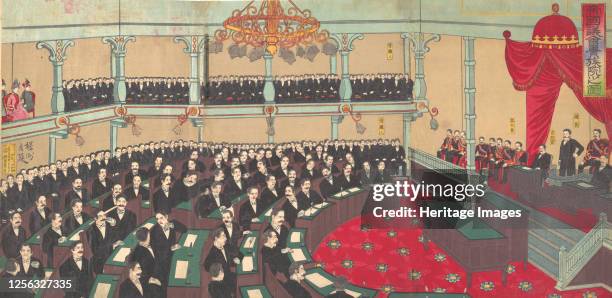 Illustration of The Imperial Assembly of the House of Peers , 1890. Artist Chikanobu Yoshu.