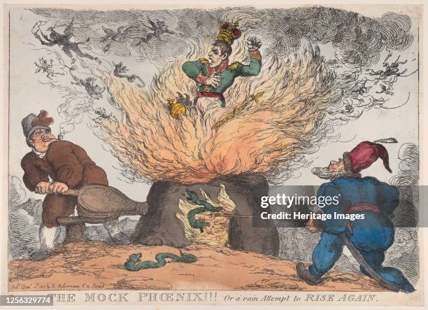 The Mock Phoenix!!! Or a Vain Attempt to Rise Again, December 10, 1813. Artist Thomas Rowlandson.