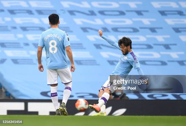 David Silva of Manchester City scores his sides first goal during the Premier League match between Manchester City and AFC Bournemouth at Etihad...