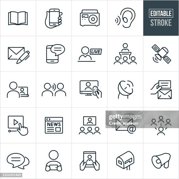 bildbanksillustrationer, clip art samt tecknat material och ikoner med kommunikationsdetunna linjeikoner - redigerbar linje - radio och tv utsändning
