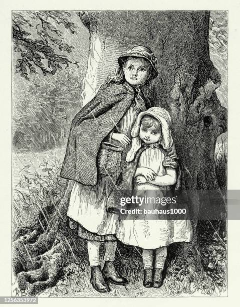 stockillustraties, clipart, cartoons en iconen met vintage twee zusters die beschutting zoeken tegen een regendouche onder een boom, amerikaanse victoriaanse gravure, 1882 - innocence