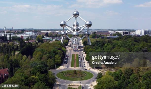 An aerial view of Atomium, a 102-meter-high made up of nine spheres, built for the Expo 58 World Fair in 1958, in Brussels, Belgium on May 19, 2023....