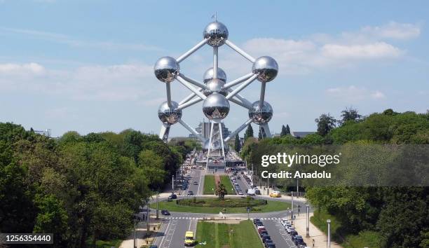 An aerial view of Atomium, a 102-meter-high made up of nine spheres, built for the Expo 58 World Fair in 1958, in Brussels, Belgium on May 19, 2023....